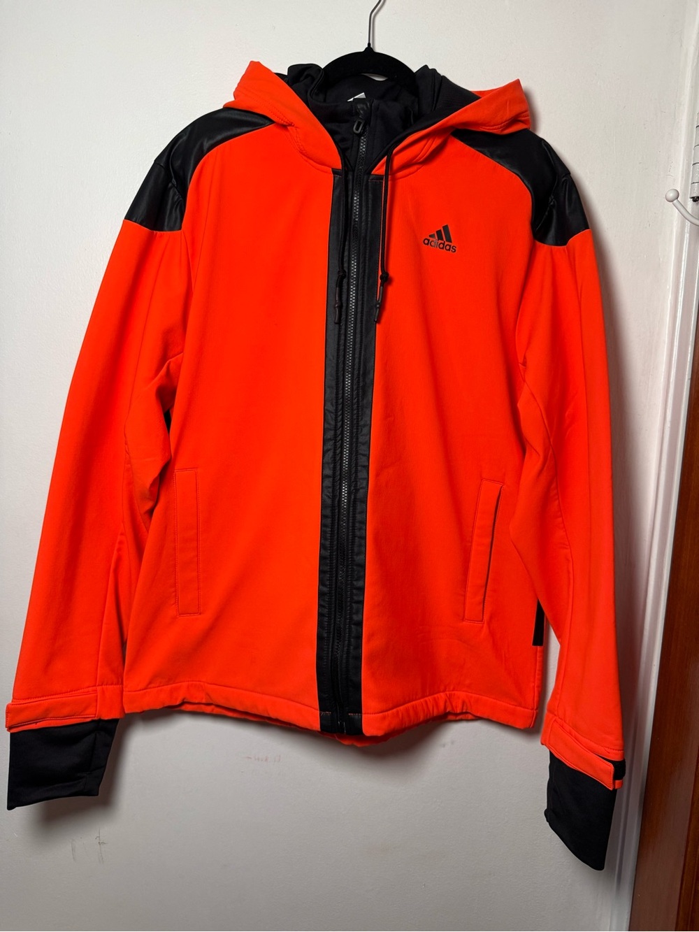 Adidas Men's Hooded Softshell Jacket - Bright Orange with Black Accents Size L